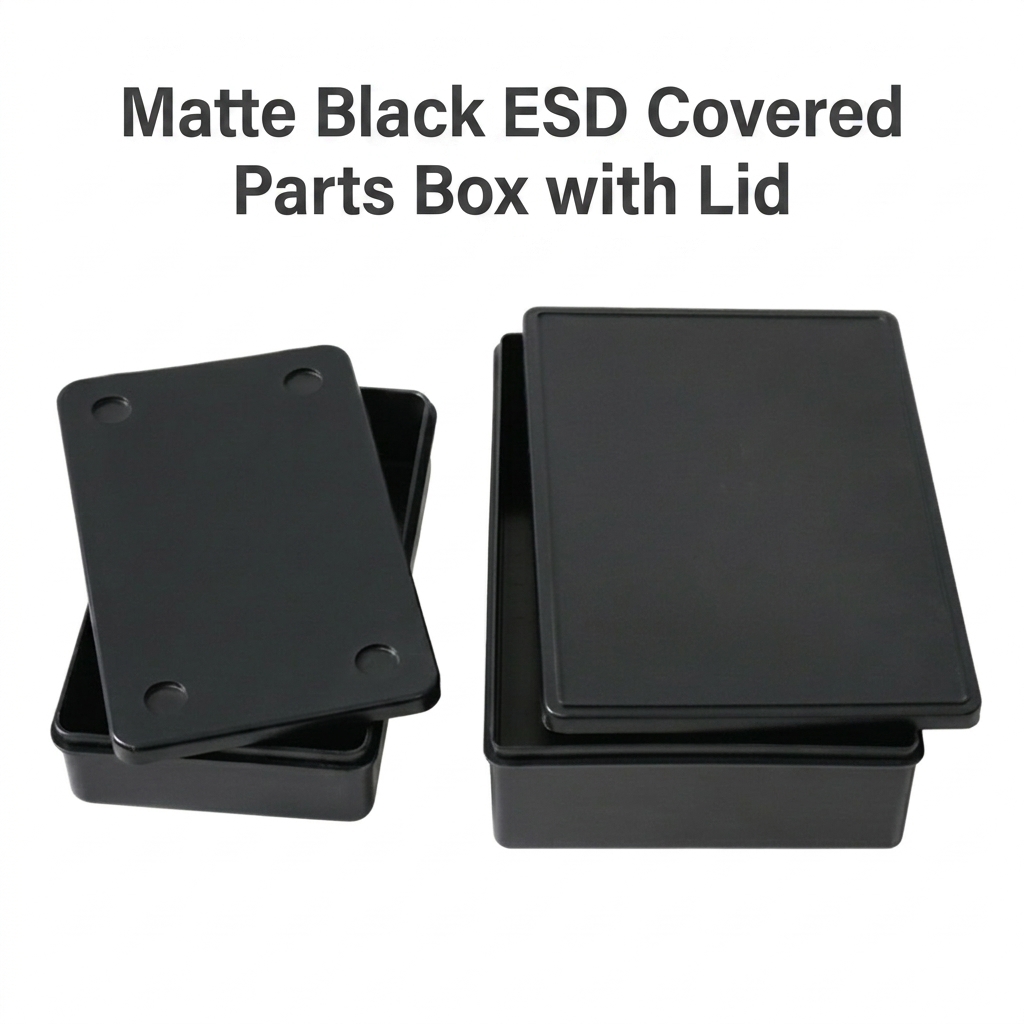 ESD Covered Parts Box TSC-ESD-COVERED-PARTS-BOX-299035 — Conductive PP, 10⁴–10⁹ Ω surface resistance, ESD Covered Parts Box for ESD-safe electronics manufacturing
