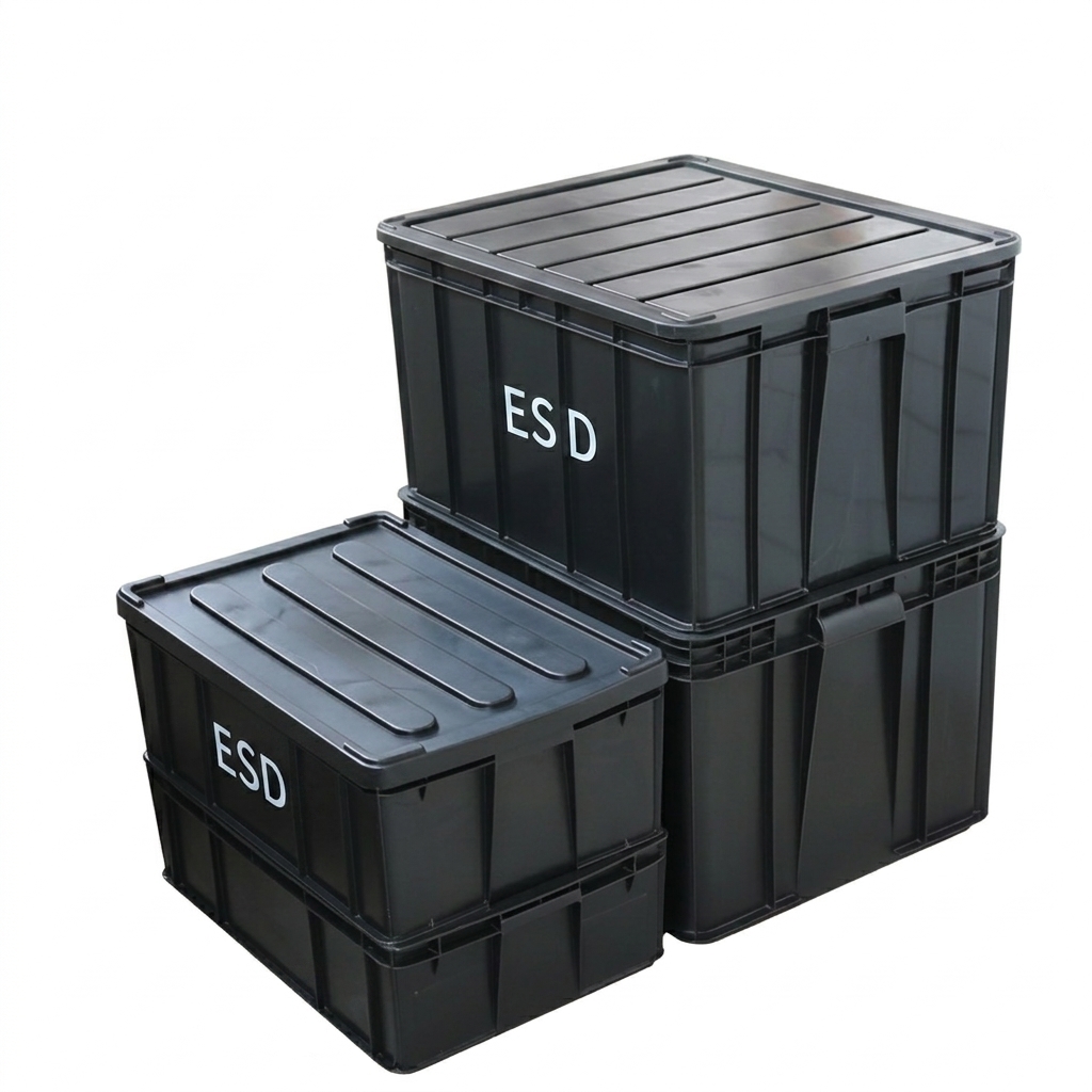 ESD Storage Box TSC-ESD-STORAGE-BOX-855249 — Conductive PP, 10⁴–10⁹ Ω surface resistance, ESD Storage Box for ESD-safe electronics manufacturing