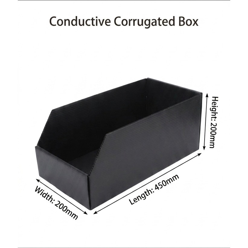 Conductive Corrugated Box TSC-CONDUCTIVE-CORRUGATED-BOX-450 — Conductive corrugated PP, 10⁴–10⁹ Ω surface resistance, Conductive Corrugated Box for ESD-safe electronics manufacturing