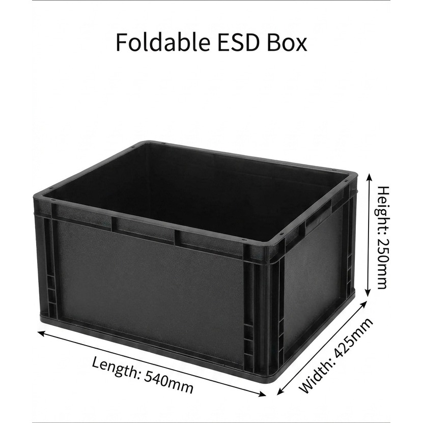 Foldable ESD Box TSC-FOLDABLE-ESD-BOX-540 — Conductive PP, 10⁴–10⁹ Ω surface resistance, Foldable ESD Box for ESD-safe electronics manufacturing