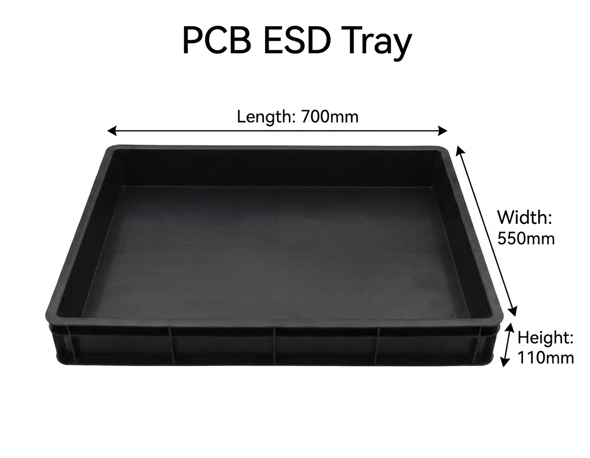 PCB ESD Tray TSC-CONTAINER-PCB-700 — PP (ESD-grade on request), 10⁴–10⁹ Ω surface resistance, ESD Shallow Tray for ESD-safe electronics manufacturing