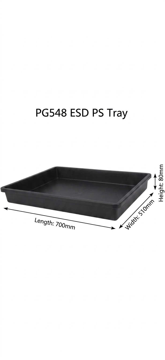 PG548 PS Tray TSC-PG548-PS-TRAY-700 — PS (polystyrene), 10⁴–10⁹ Ω surface resistance, PG548 PS Tray for ESD-safe electronics manufacturing